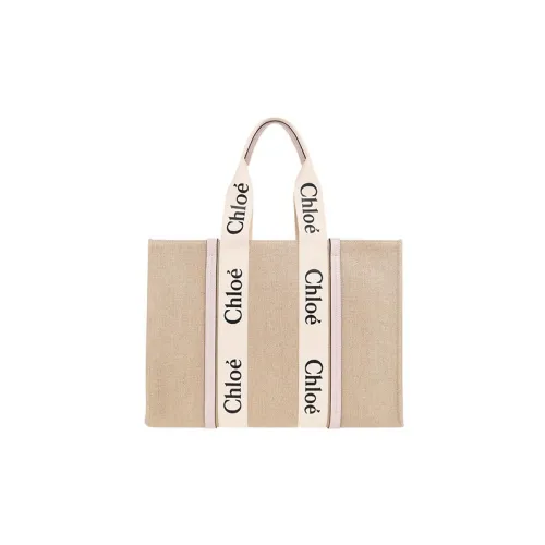 Chloe Woody Linen Canvas And Calfskin Trim Tote Bag Shopping Bag Large Women's Pink