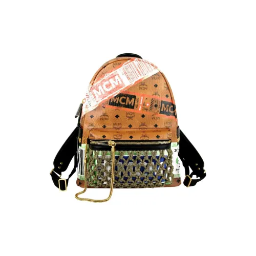 MCM Stark Visetos Покрытый холст с кожаными вставками рюкзак среднего размера унисекс цвет коньячный