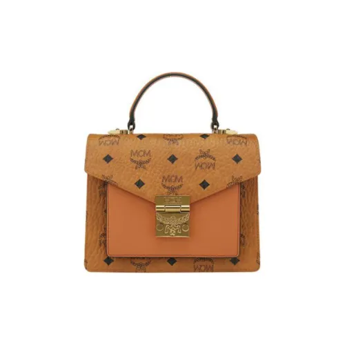MCM Patricia Satchel Visetos Покрытый холст Аккордеонная сумка Сумка через плечо Маленькая Женская Коричневая Коньячная