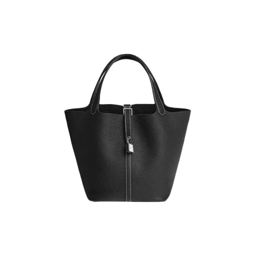 HERMES Picotin Clemence Bullock Кожа Корзина Сумка Ведрообразная Сумка Сумка 22 Женская Черная