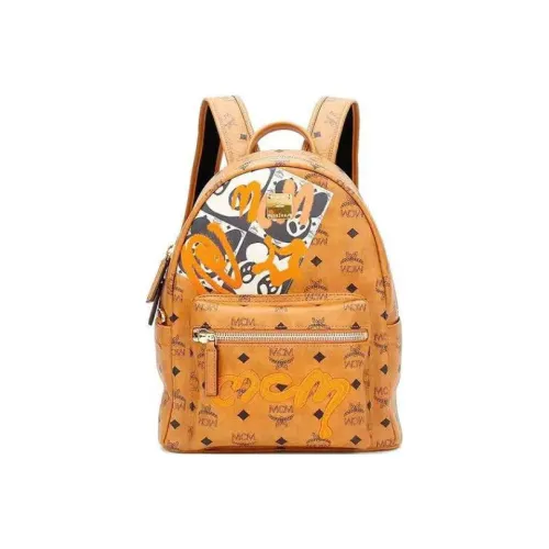 MCM Stark Visetos Ткань с кожаными вставками Рюкзак Унисекс Коньяк