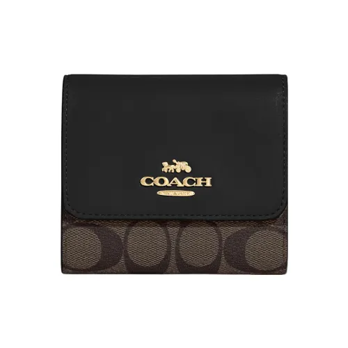 COACH Trifold Wallet Холст и Кожа Держатель для Карт Кошелек Маленький Женский Коричневый и Черный