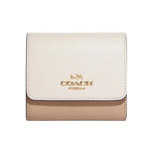 COACH Трехсекционный кошелек Крестовая текстура Кожа Держатель для карт Кошелек Маленький Женский Мел Белый и Бежевый