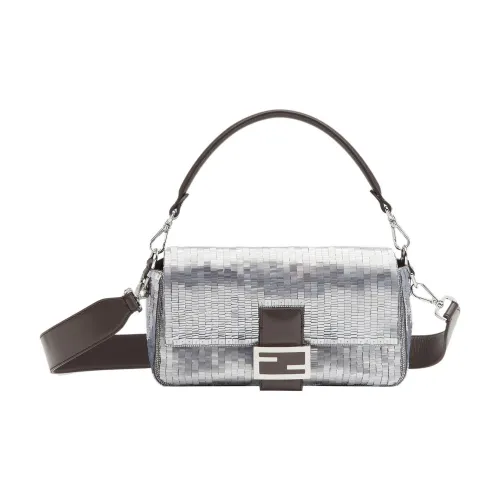 FENDI Baguette Ткань Разделенная Овца Кожа Портативная Сумка через плечо Сумка на плечо Женская Серебряная