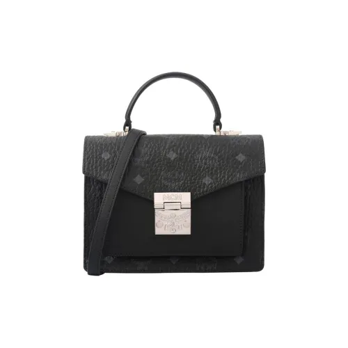 MCM Patricia Satchel Visetos Кожа Аккордеонная Сумка Сумка через плечо Сумка Маленькая Женская Черная