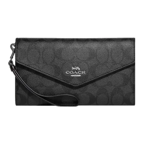 COACH Travel Wallet Покрытие Холст Кожа Вставка Конверт Сумка Кошелек Женский Черный