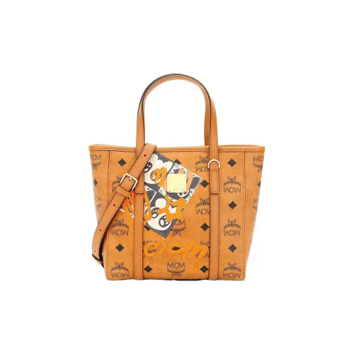 MCM Хлопок с кожаными вставками Тоут Корзинка-сумка Сумка для покупок Сумка Мини Женская Коньяк