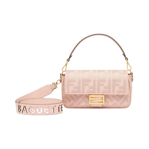 FENDI Baguette Ткань с коровьей кожей Украшение Портативная Сумка через плечо Сумка через плечо Средняя Женская Розовая