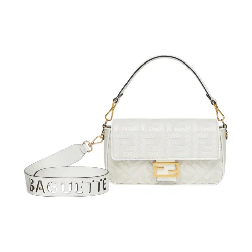 FENDI Baguette Холст Ткань с коровьей кожей Портативные Сумки через плечо Сумка на плечо Средняя Женская Белая