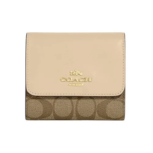 COACH Trifold Wallet Холст с кожей Держатель для карт кошелек Маленький Женский Хаки Мел Белый