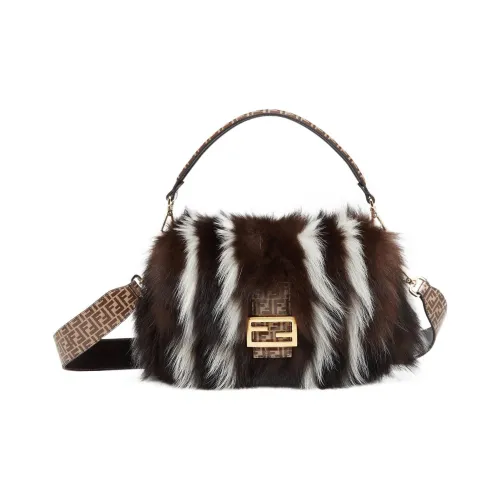 FENDI Baguette Skunk Мех Текстиль Коровья кожа Портативный Сумка через плечо Сумка через плечо Стандартная Женская Коричневый Белый