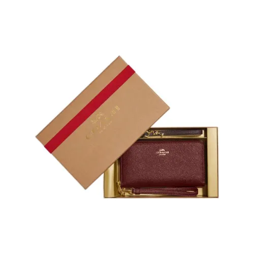 COACH Zip Around Крестообразная текстура Кожа Держатель для карт кошелек Подарочный набор в коробке Женские Вишнево-красный