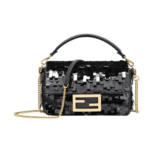 FENDI Baguette Ткань с коровьей кожей Портативная сумка через плечо сумка на плечо Мини Женская Черная