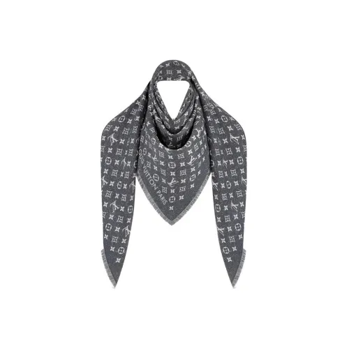 LOUIS VUITTON MONOGRAM JACQUARD DENIM Шерсть Шелк Вязаный Шарф Женский Серый