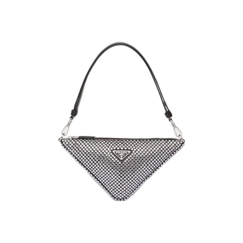 PRADA Triangle Artificial Crystal Satin Fabric One Shoulder Bag Mini Women's Black