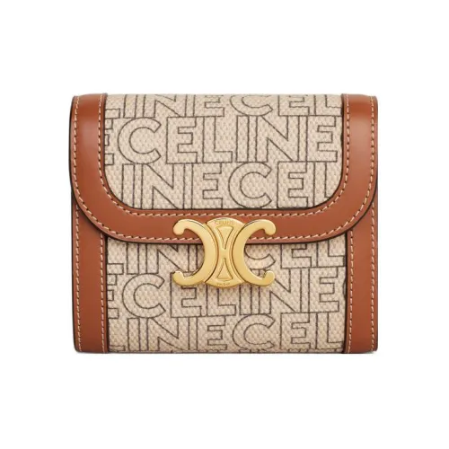 CELINE Triomphe Arc De Triomphe Телячья кожа Ткань Картхолдер Кошелек Маленький Женский Естественный Коричневый