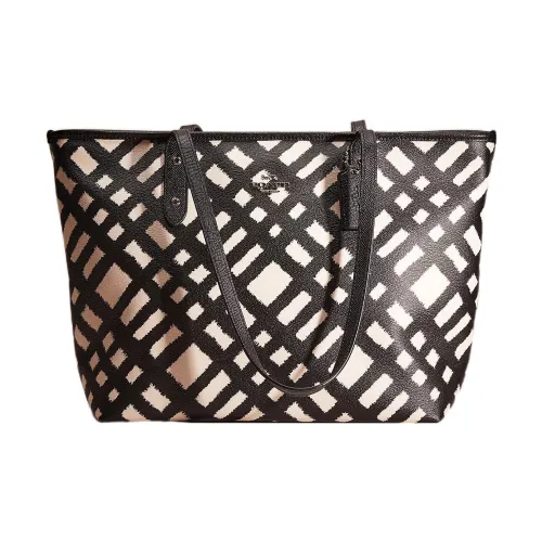 COACH City Zip Tote Холст с кожей Тоут Сумка Сумка для покупок Сумка на плечо Сумка Большая Женская Черная Белая