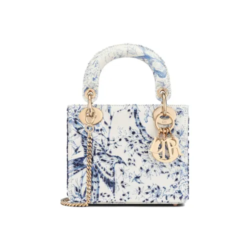 DIOR Lady Dior Beaded Вышивка Коровья кожа Сумка Lady Dior Сумка Мини Women's White Синий