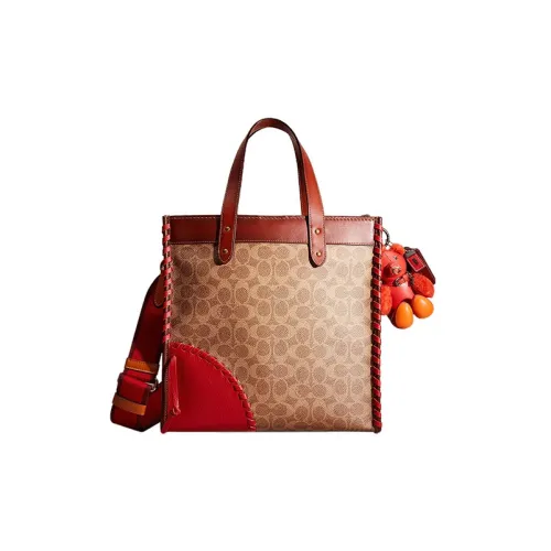 COACH Field Покрытый холст с телячьей кожей Сумка через плечо Сумка Большая Женская Коричневый и Ржавый и Красный