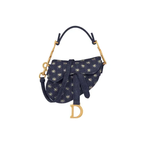 DIOR Седло Звезды Вышивка Деним Ткань Седло Сумка Сумка через плечо Сумка Экстра мини Женская Синяя
