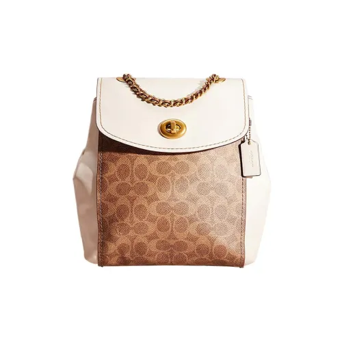 COACH Parker Signature Покрытый холст Утонченная телячья кожа Рюкзак Средний Женской Коричневый Мел Белый