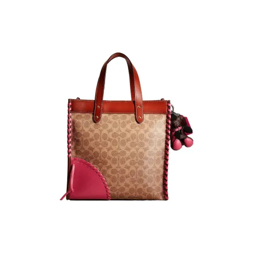 COACH Field Покрытый холст с телячьей кожей Сумка через плечо Сумка Большая Женская Коричневый Ржавый Розовый