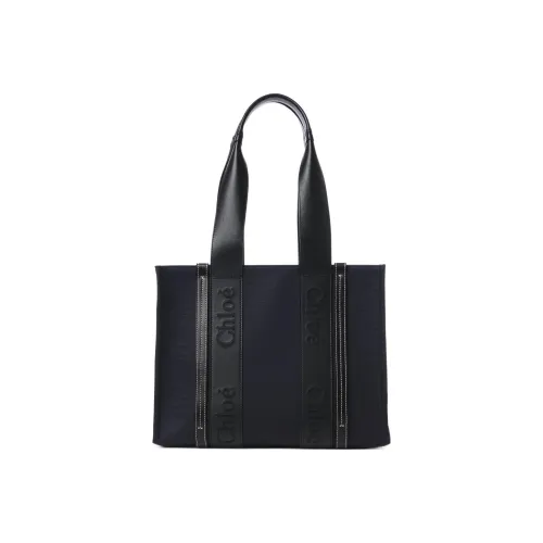 Chloe Woody Linen Canvas Shiny Calfskin Canvas Tote Bag Shopping Bag Medium Women's Dark Blue Black