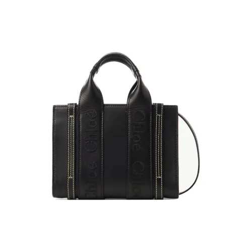 Chloe Woody Embroidery Телячья кожа Сумка-тоут Сумка для покупок Сумка через плечо Сумка мини Женская Черная