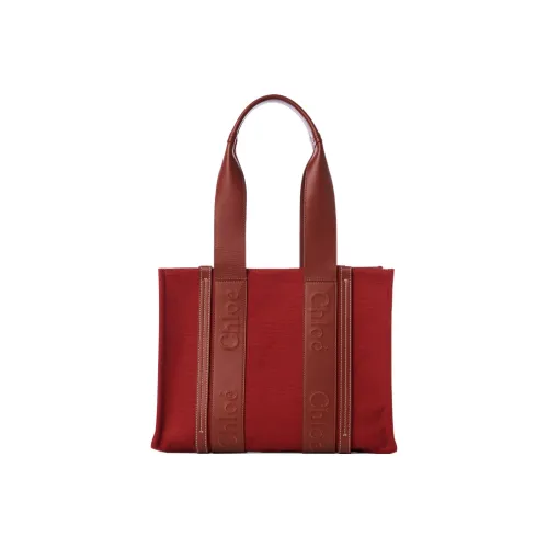 Chloe Woody Linen Canvas Calfskin Tote Bag Shopping Bag Medium Women's Dark Red