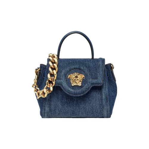 VERSACE La Medusa Хлопок Телячья кожа Кожа Детали Сумка через плечо Сумка Маленькая Женская Синяя