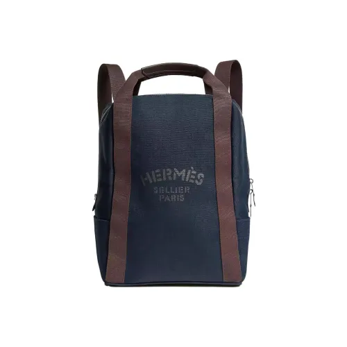 HERMES Groom Хлопковая Смешанная Телячья Кожа Рюкзак Унисекс Морской Синий Пламя Оранжевый