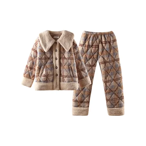 Q'NIANMA Кофейный Синий Клетка Женские Пижамные Комплекты