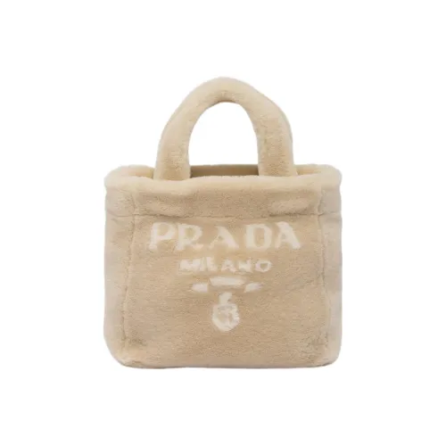 PRADA Shearling Plush Tote Bag Shopping Bag Shoulder Bag Handbag Women's Beige