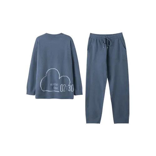 JINGYUN Пижамный комплект Осенний и Зимний Унисекс Синий Кошка Серый