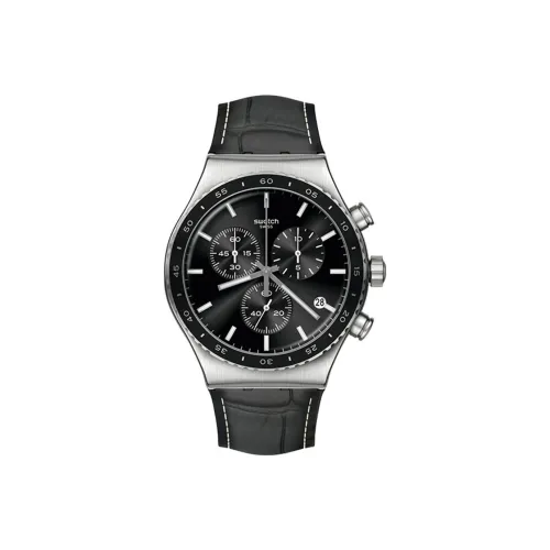 SWATCH NEW IRONY CHRONO Collection Кварцевый механизм Унисекс Часы 43 мм Черный циферблат Корпус из нержавеющей стали Кожаный ремешок