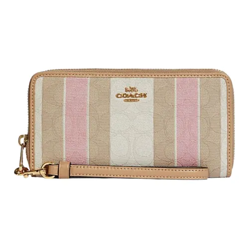 COACH Zip Around Ткань Держатель для карт кошелек Маленький Женский Коричневый и Розовый