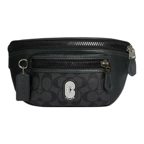 COACH Покрытый холст с гладкой телячьей кожей одно плечо бананка средний размер женский зеленый и черный монограмма