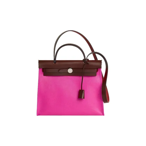 HERMES Herbag Zip Холст с кожей Сумка Сумка через плечо Сумка через плечо Женская Ярко-розовая Бежевая Седло-красная