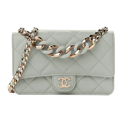 CHANEL WOC Lambskin Flap Bag Chain Wallet Small Square Bag Shoulder Bag Women's Gray Green