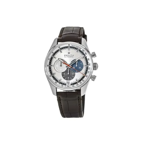 ZENITH EL PRIMERO Механический механизм Мужские часы Часы 44 мм Серебристый циферблат Корпус из нержавеющей стали Кожаный ремешок