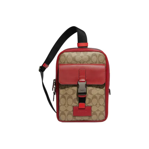COACH Track Canvas и Телячья кожа Сумка через плечо Маленькая Мужская Коричневая и Красная