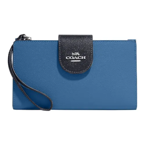 COACH Tech Wallet Крестообразная текстура Кожа Держатель для карт кошелек Женские Небесно-голубой