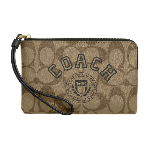 COACH Corner Zip Покрытый холст с кожаными вставками запястный клатч маленькая сумка женский цвет хаки