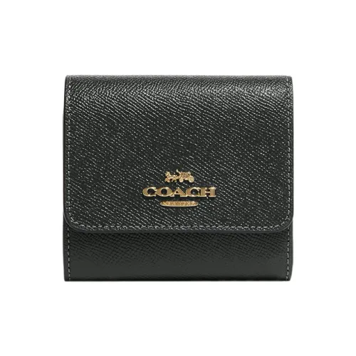 COACH Трехсекционный кошелек Крестовая текстура Кожа Держатель для карт Кошелек Маленький Женский Темно-зеленый