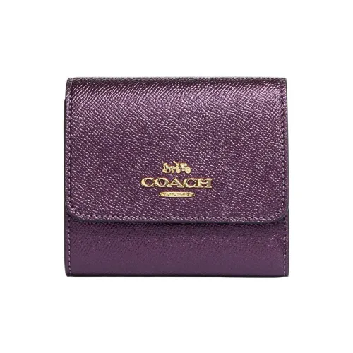 COACH Трехсекционный кошелек Крестовая текстура Кожа Держатель для карт Кошелек Маленький Женский Металл Фиолетовый