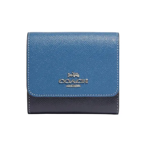 COACH Трехсекционный кошелек Крестовая текстура Кожа Держатель для карт Кошелек Маленький Женский Синий