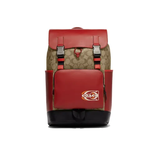 COACH Track Leather Backpack Large Women's Khaki Red COACH Track Кожа Рюкзак Большой Женские Хаки и Красный