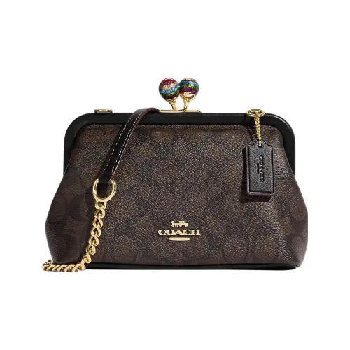 COACH Kisslock Холст с гладкой кожей Сумка через плечо Маленькая Женская Коричневая Черная