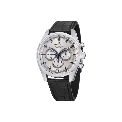 ZENITH EL PRIMERO Автоматический Механический Часы Мужские 42 мм Серебристый Циферблат Корпус из Нержавеющей Стали Кожаный Ремешок