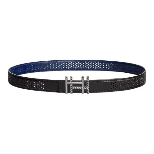 HERMES H au Carre Ремни из коровьей кожи Женские Черный Сапфирово-синий Ширина 2,4 см